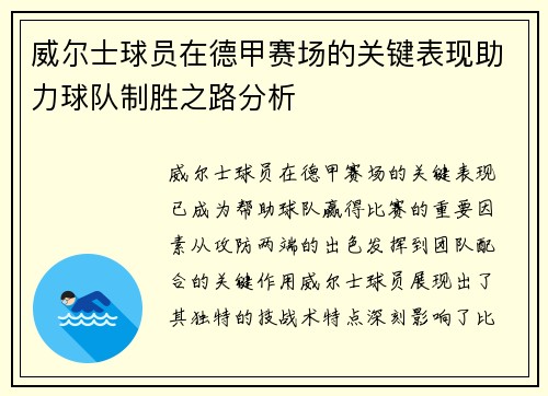 威尔士球员在德甲赛场的关键表现助力球队制胜之路分析